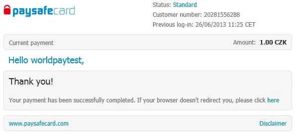 Potvrzení platby v My Paysafecard